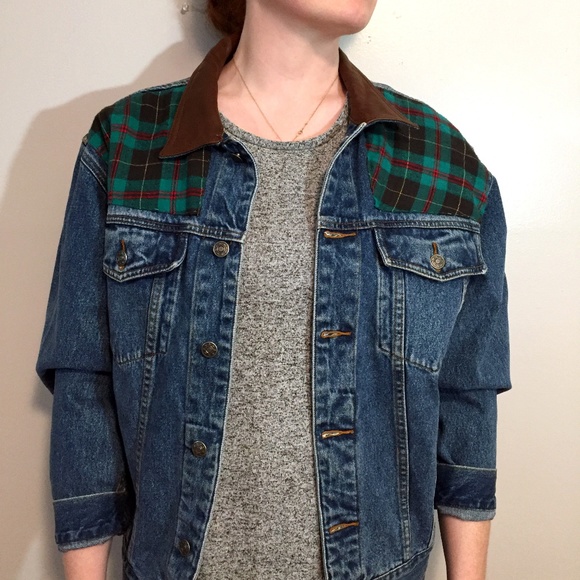 Vintage Jackets & Blazers - Altered Vintage Jean Jacket with Leather, Plaid